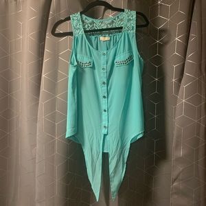 Teal top with tie front and studded front pockets